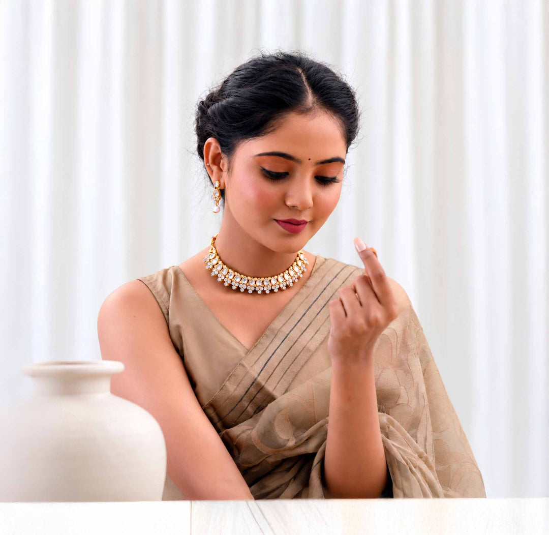Shahi White Kundan Pearl Drop Choker Necklace Set