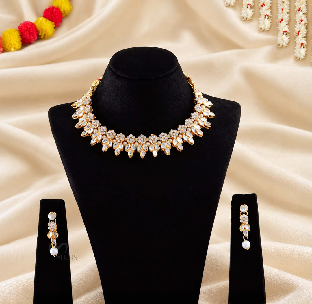 Rajkumari White Kundan Leaf Pearl Choker Necklace Set