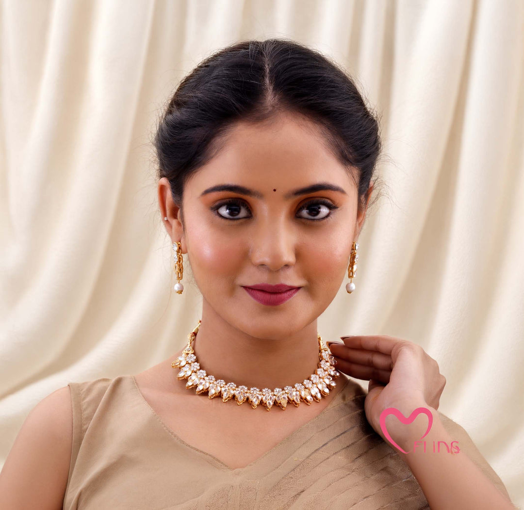 Rajkumari White Kundan Leaf Pearl Choker Necklace Set
