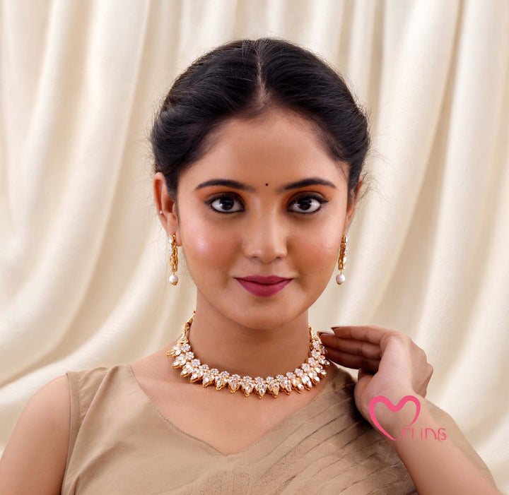 Rajkumari White Kundan Leaf Pearl Choker Necklace Set