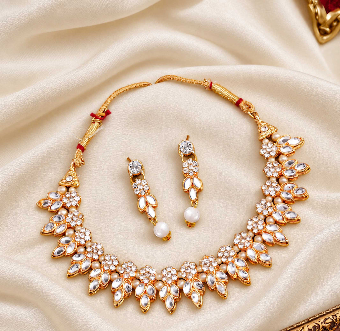 Rajkumari White Kundan Leaf Pearl Choker Necklace Set