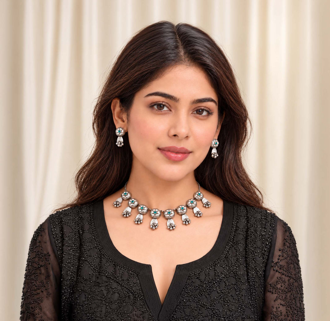 Banjaran Oxidised Flower Disc Ghungroo Neckpiece Set