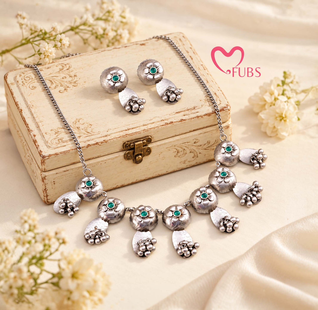Banjaran Oxidised Flower Disc Ghungroo Neckpiece Set