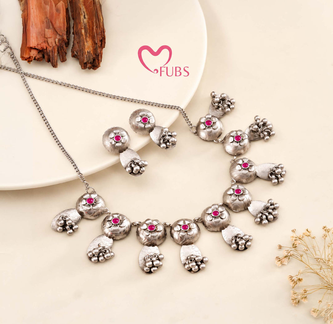 Banjaran Oxidised Flower Disc Ghungroo Neckpiece Set