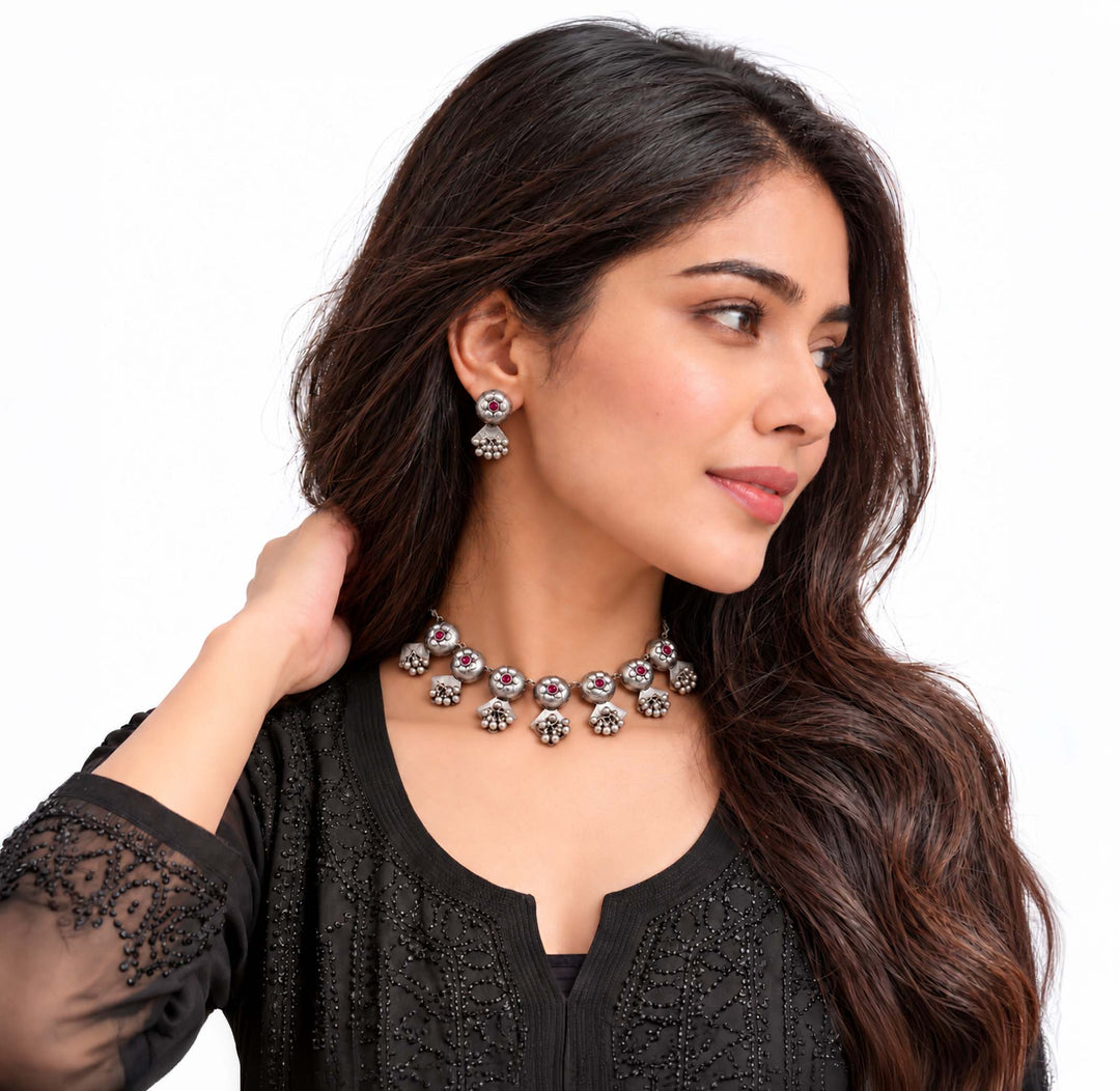 Phool Dark Pink Oxidised Ghungroo Jewellery Set