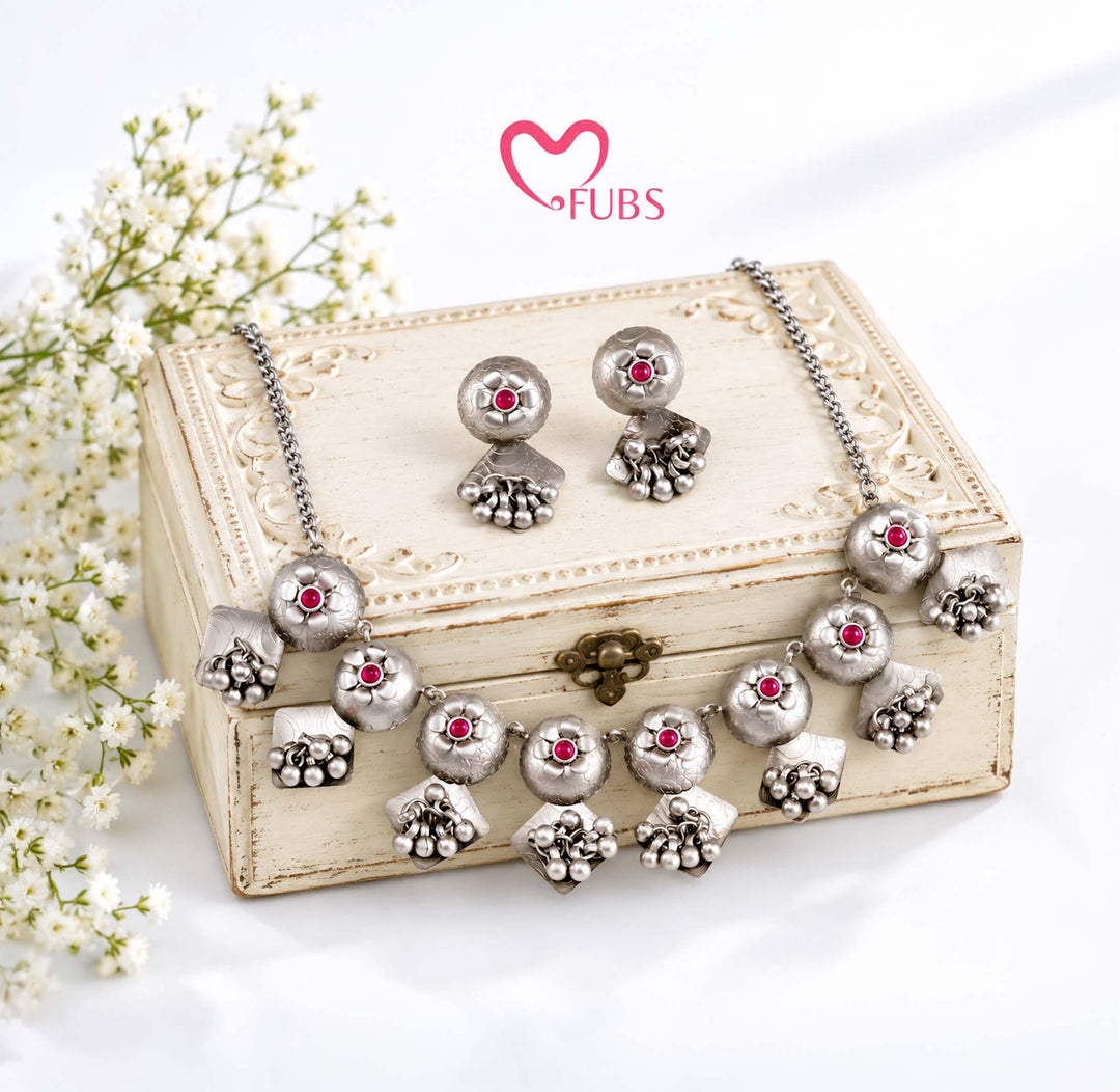 Phool Dark Pink Oxidised Ghungroo Jewellery Set