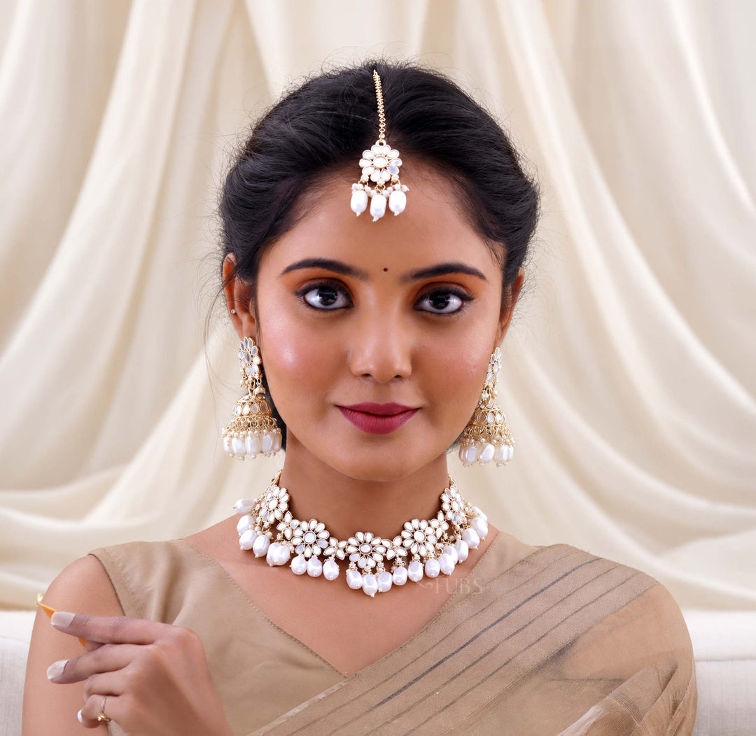 Shringar White Mirror Work Pearl Tikka Set