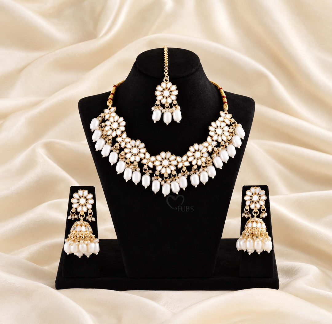 Shringar White Mirror Work Pearl Tikka Set