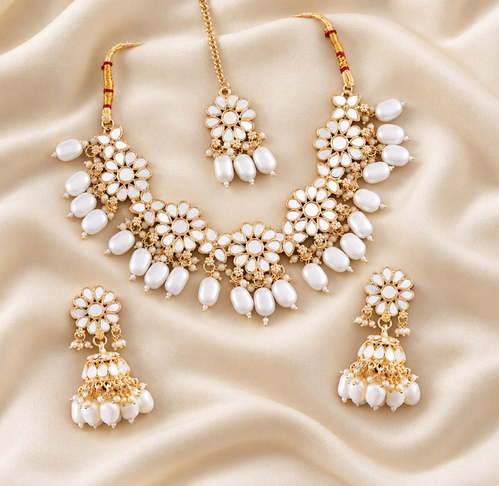 Shringar White Mirror Work Pearl Tikka Set