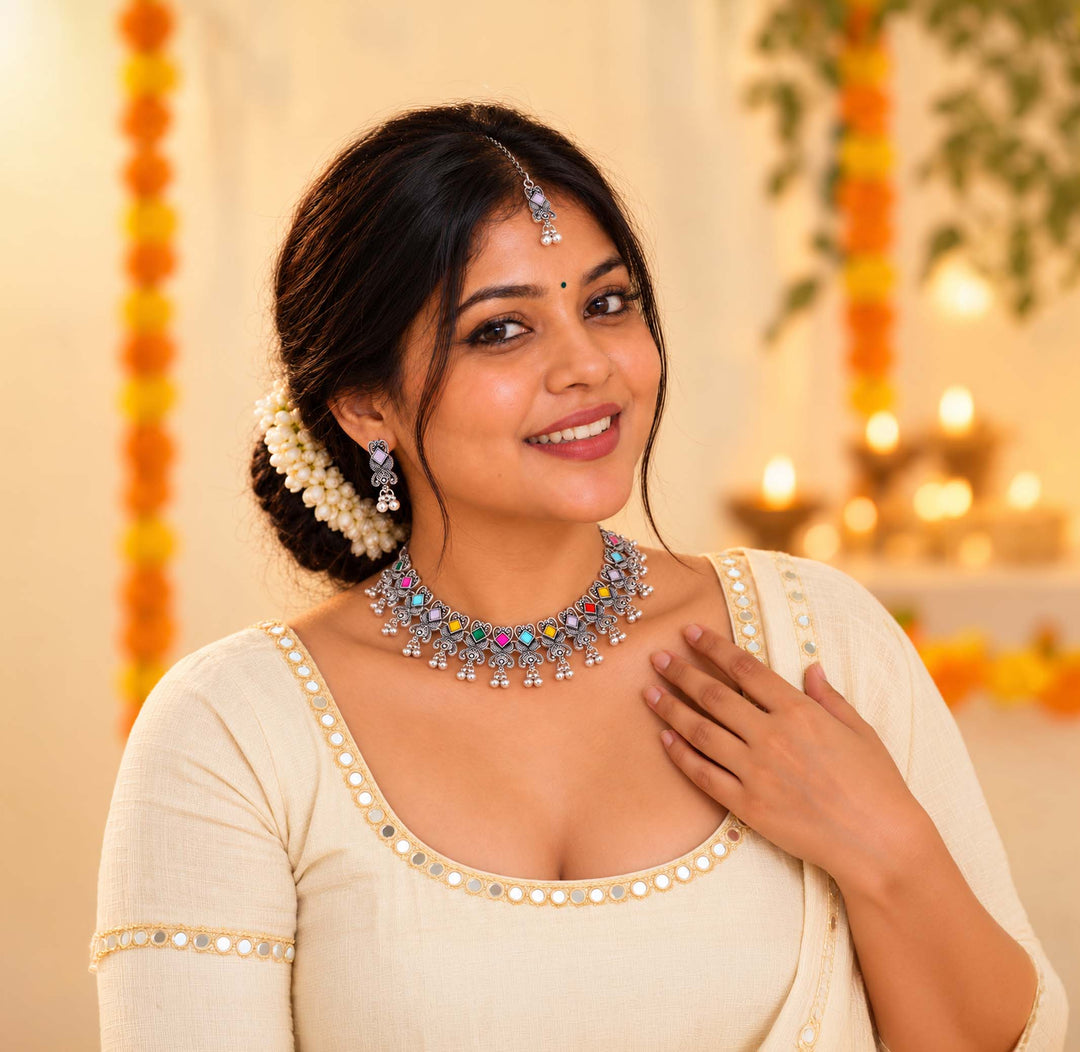 Square Stone Butterfly Choker With Maang Tikka And Earrings
