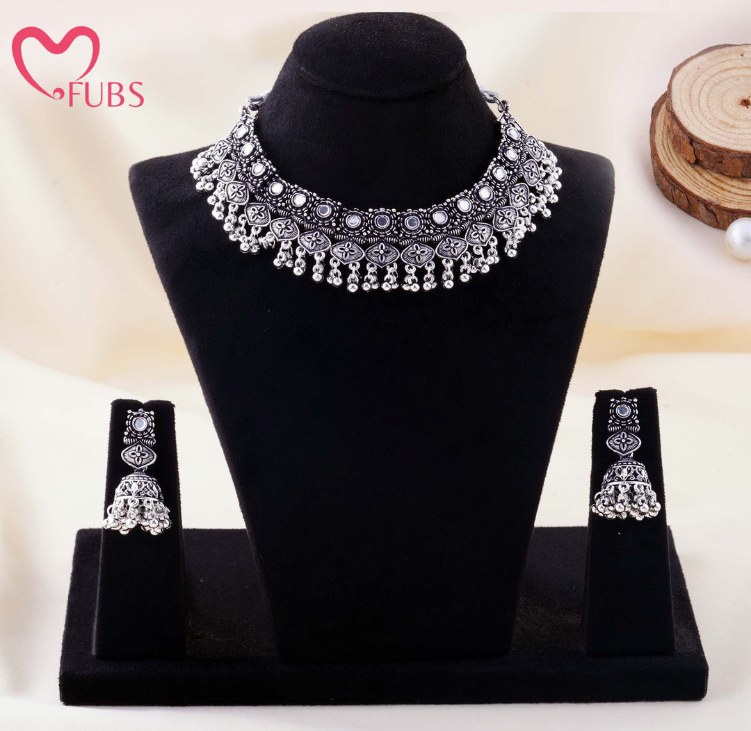 Mirror Work Floral Choker Necklace With Jhumka Earrings Duo