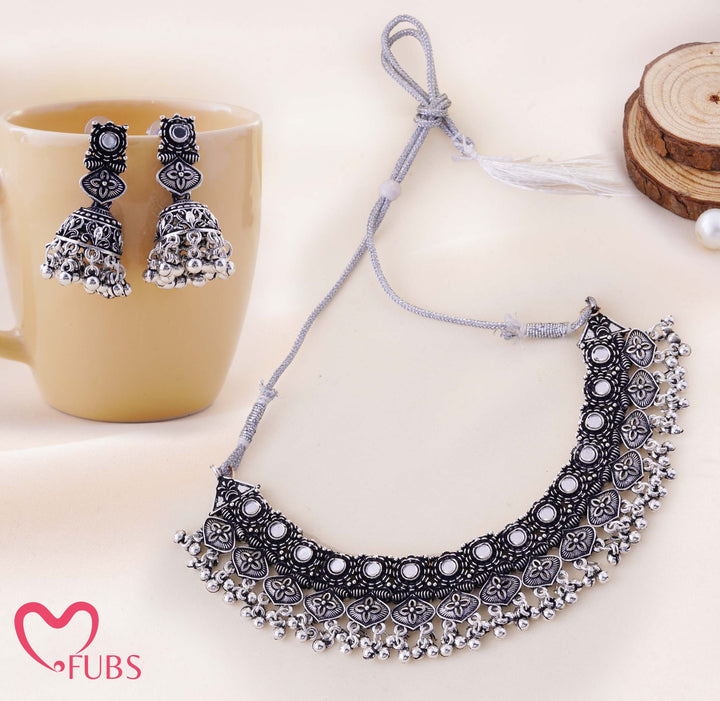 Mirror Work Floral Choker Necklace With Jhumka Earrings Duo