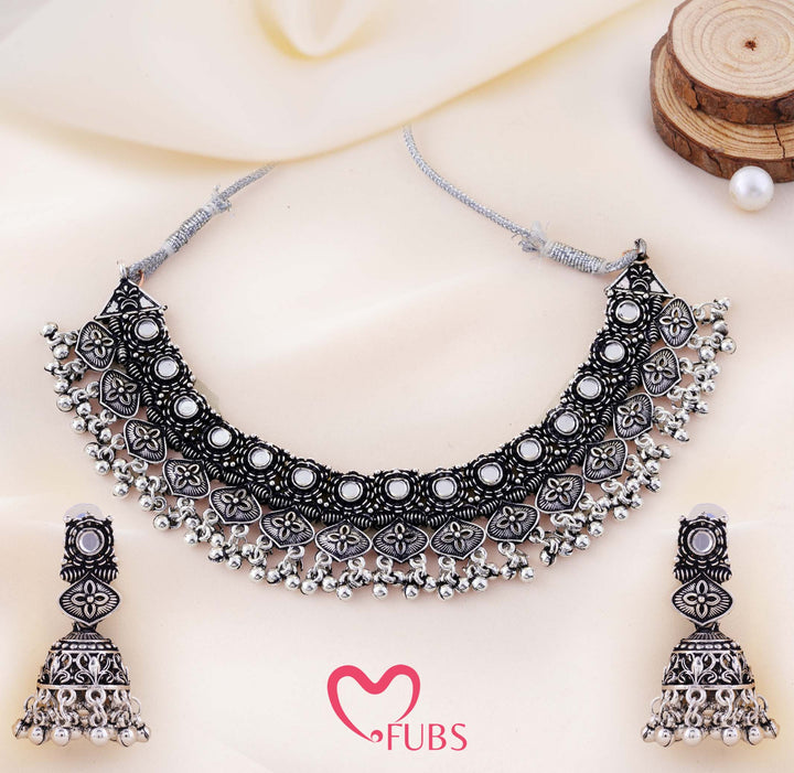 Mirror Work Floral Choker Necklace With Jhumka Earrings Duo