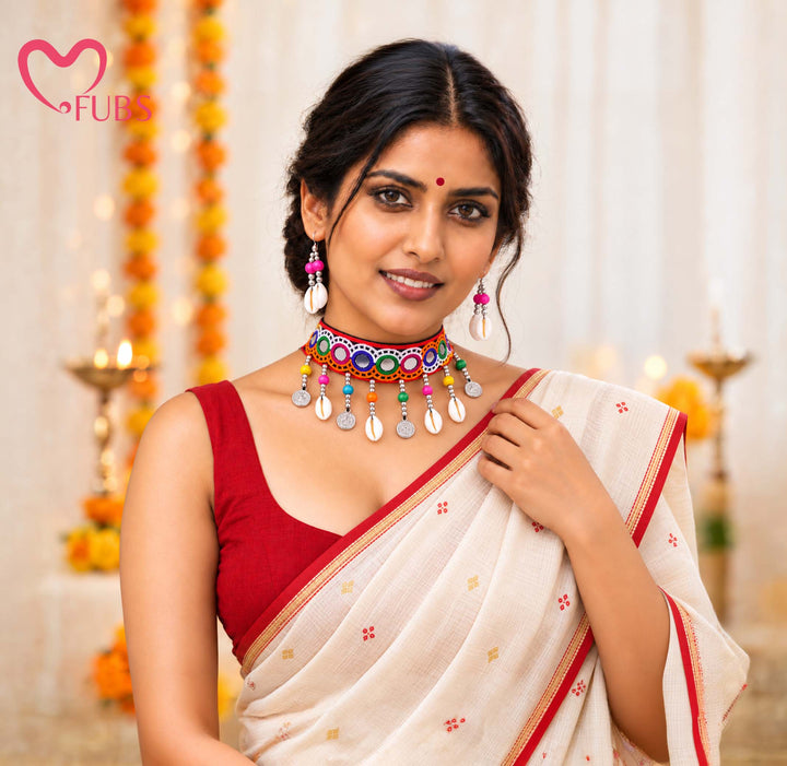 Embroidered Mirror Work Fabric Choker With Shell Coin Earrings