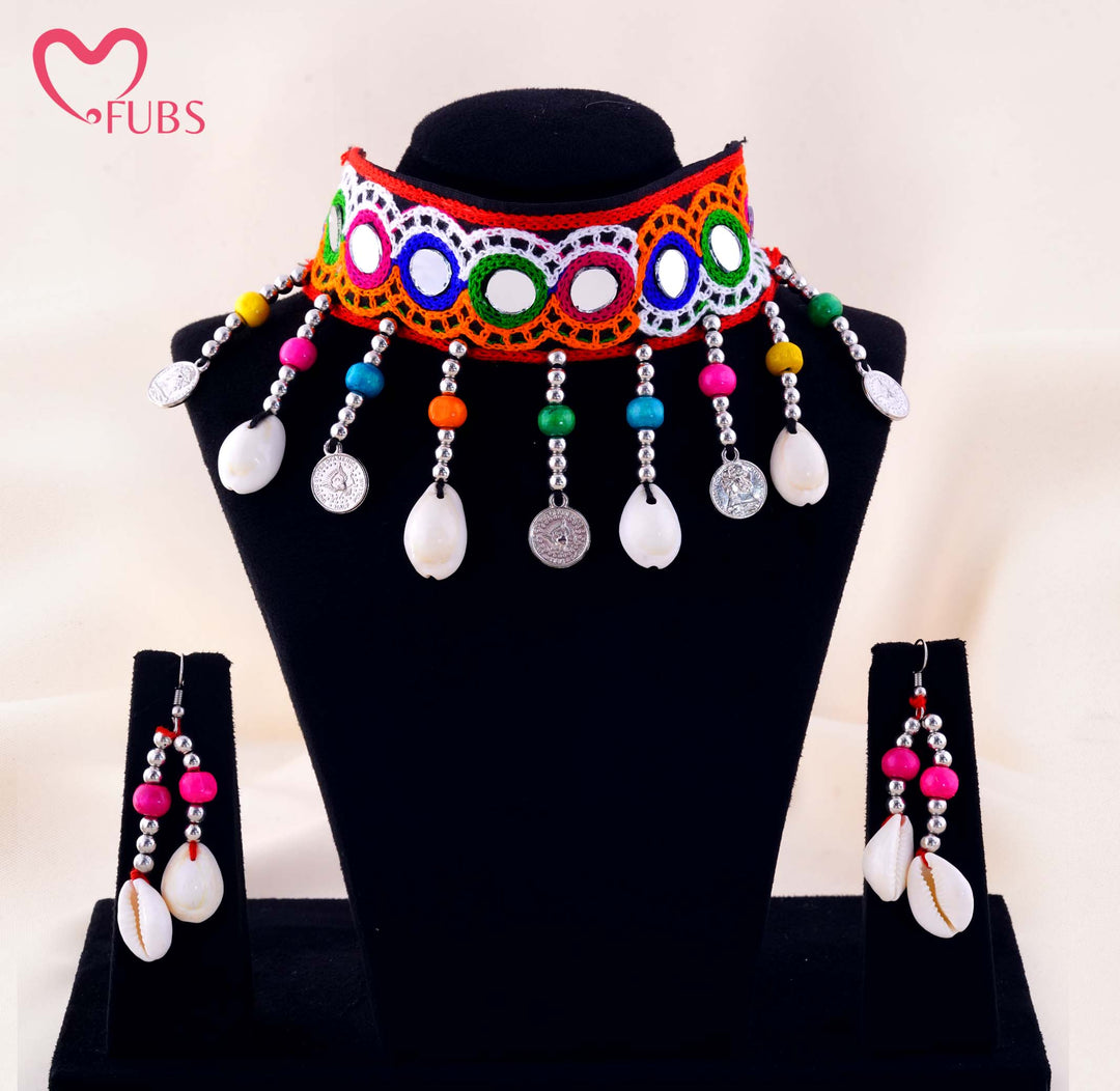 Embroidered Mirror Work Fabric Choker With Shell Coin Earrings