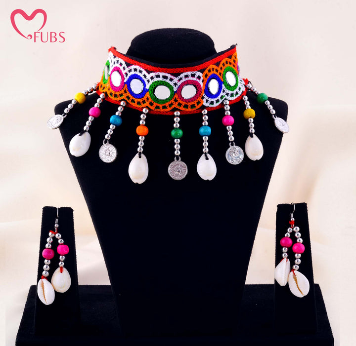 Embroidered Mirror Work Fabric Choker With Shell Coin Earrings