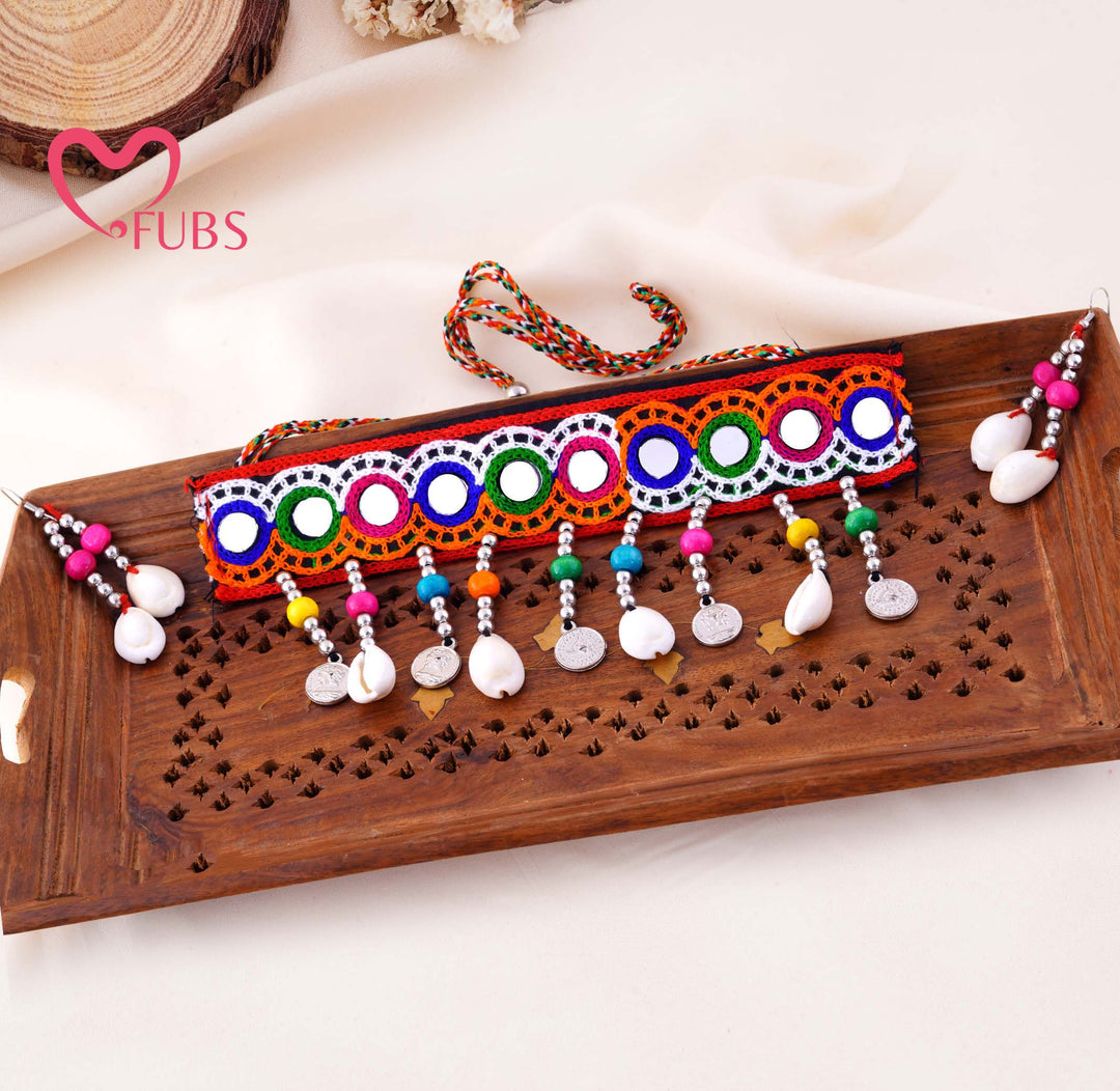 Embroidered Mirror Work Fabric Choker With Shell Coin Earrings