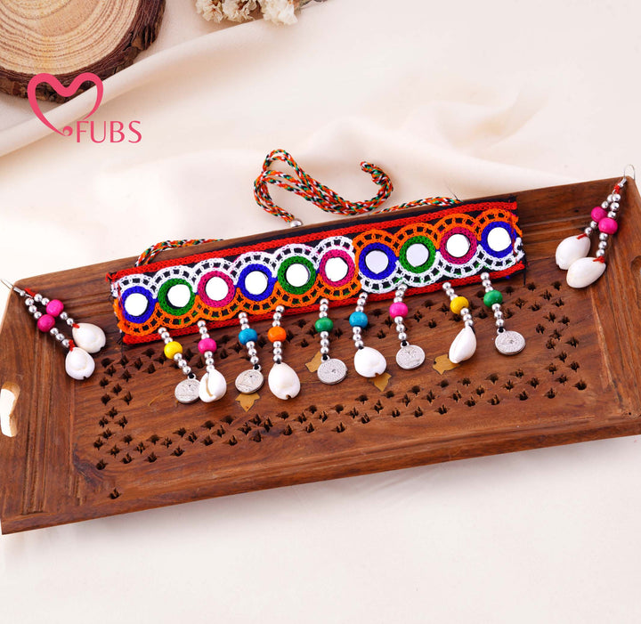 Embroidered Mirror Work Fabric Choker With Shell Coin Earrings
