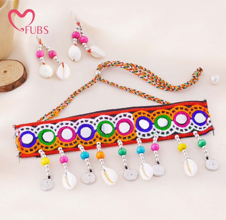 Embroidered Mirror Work Fabric Choker With Shell Coin Earrings