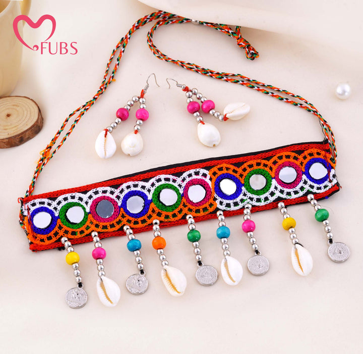 Embroidered Mirror Work Fabric Choker With Shell Coin Earrings