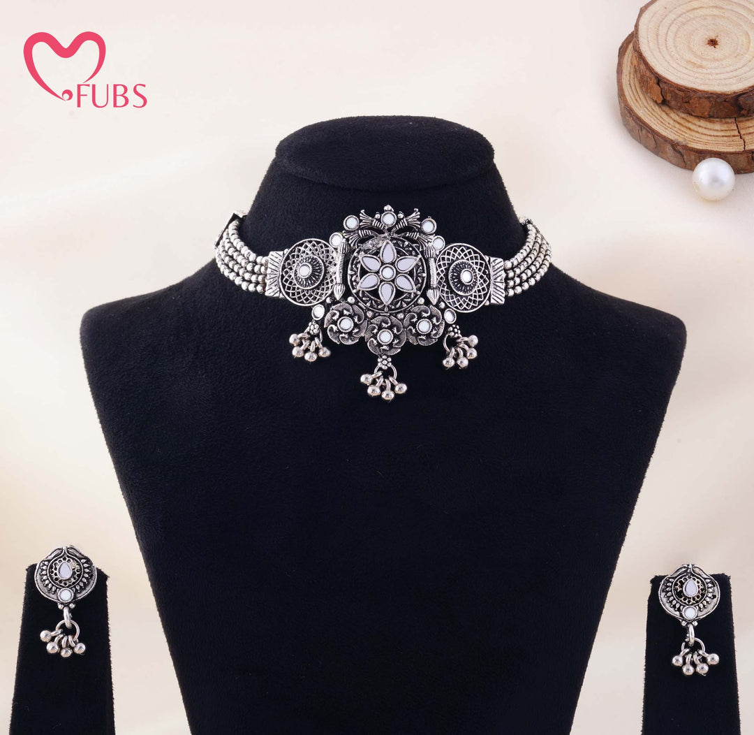 Mirror Floral Medallion Choker With Beaded Strand And Studs