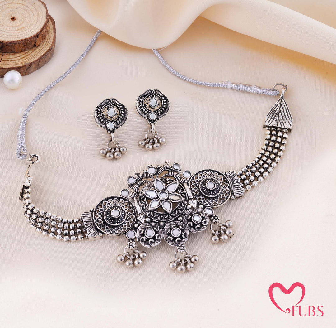 Mirror Floral Medallion Choker With Beaded Strand And Studs