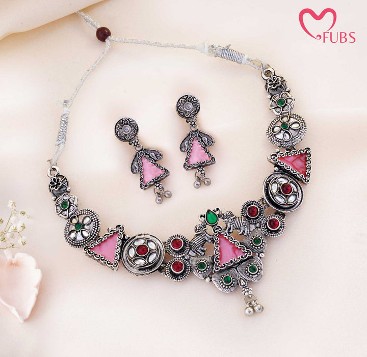 Rajwadi Kundan Floral Elephant Motif Thread Necklace Set With Earrings