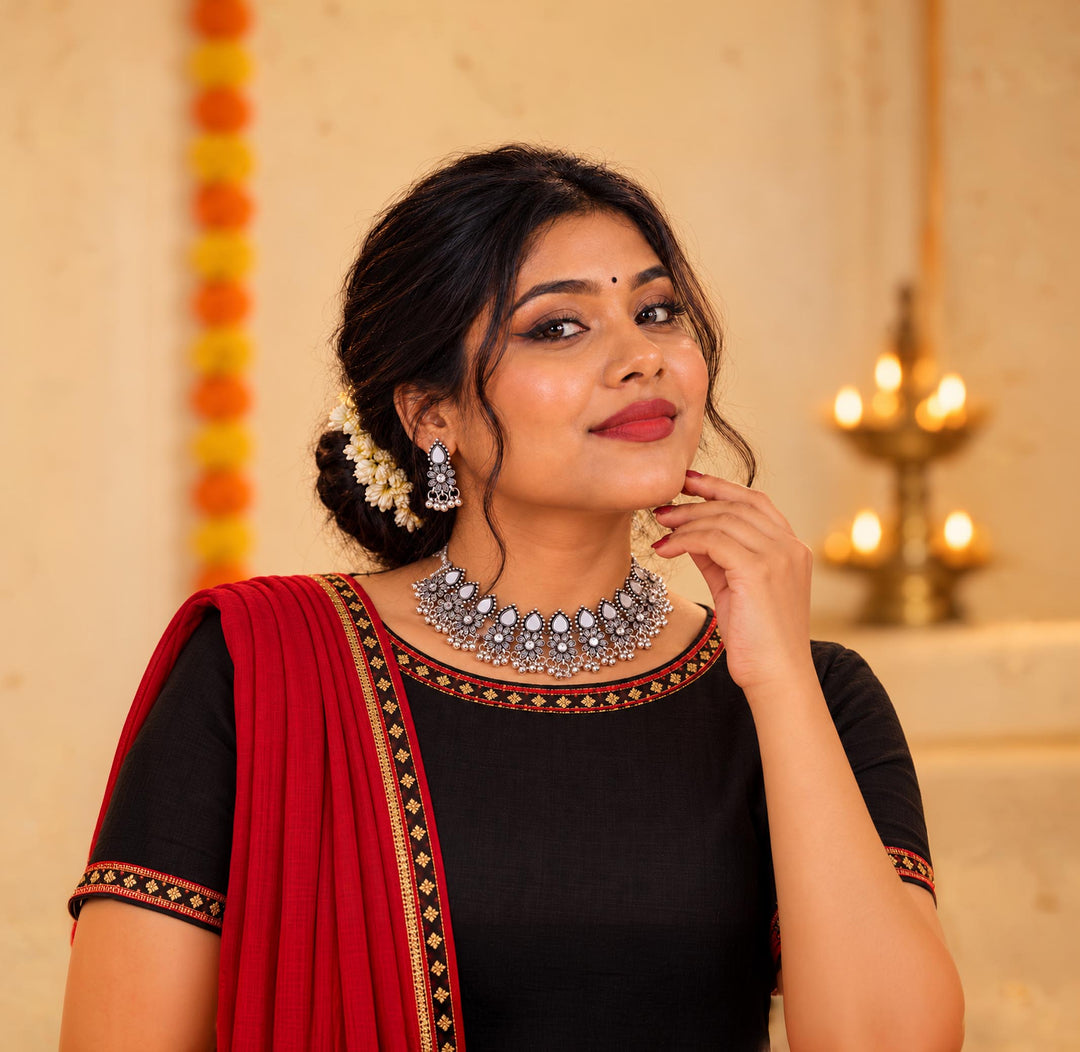 Handcrafted Vintage Floral Oxidized Choker Set With Matching Earrings
