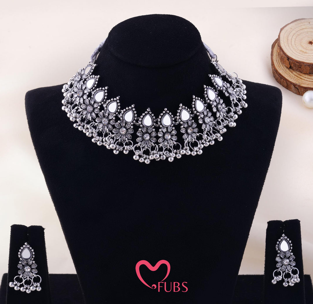 Handcrafted Vintage Floral Oxidized Choker Set With Matching Earrings