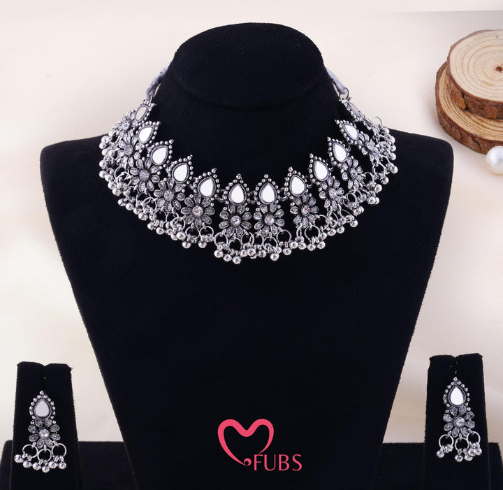 Handcrafted Vintage Floral Oxidized Choker Set With Matching Earrings