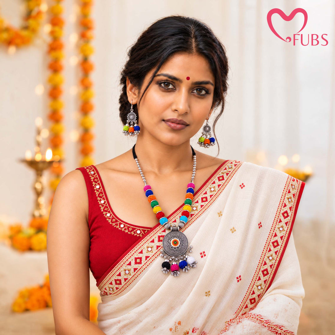 Thread Ball Beaded Medallion Choker With Tassel Drop Earrings