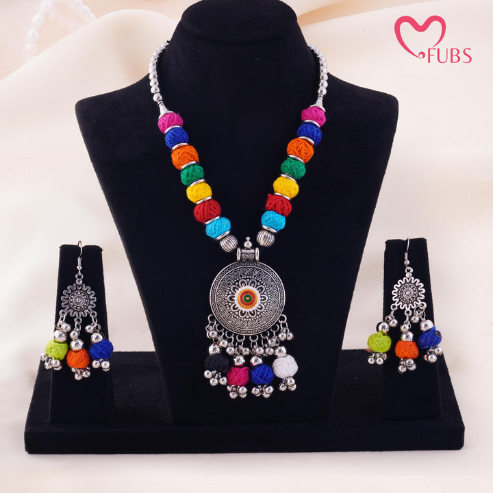 Thread Ball Beaded Medallion Choker With Tassel Drop Earrings