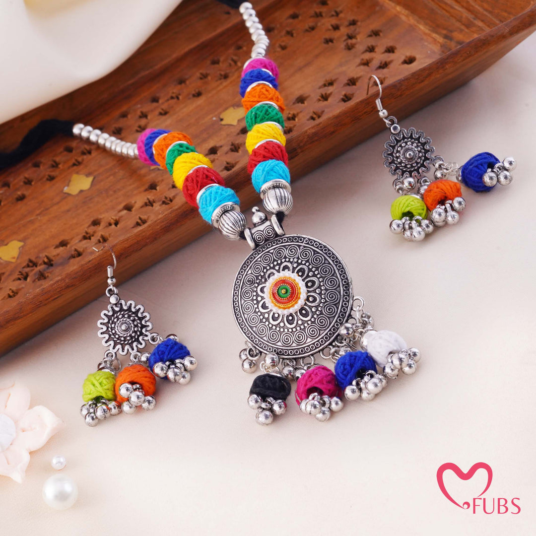 Thread Ball Beaded Medallion Choker With Tassel Drop Earrings