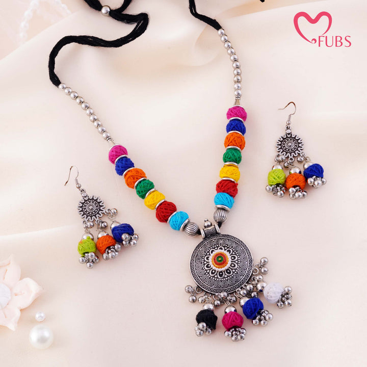 Thread Ball Beaded Medallion Choker With Tassel Drop Earrings