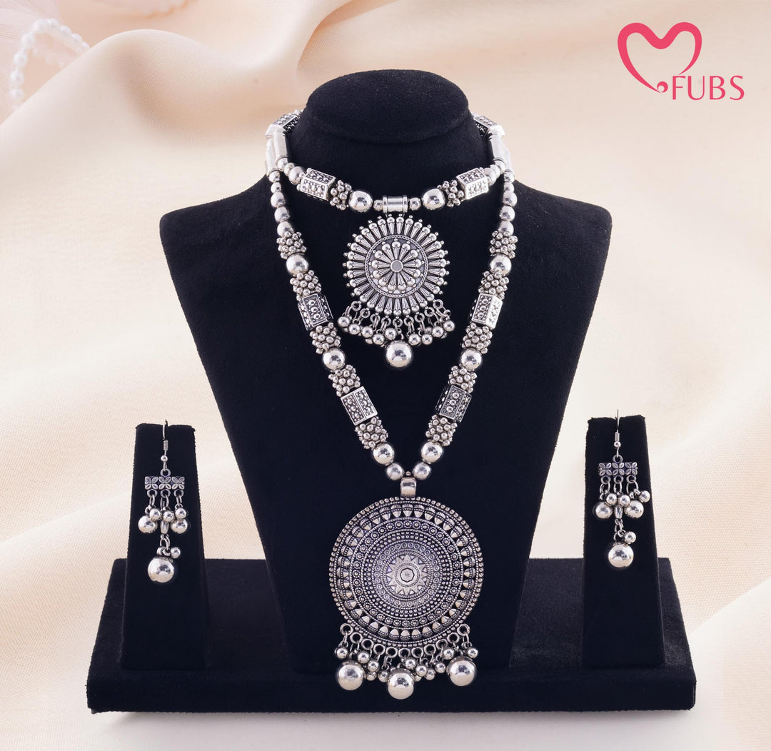 Antique Layered Medallion Necklace Set With Matching Earrings