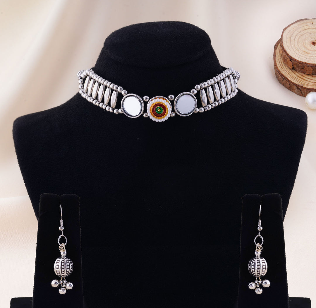 Mirror Inset Rosette Choker With Thread Closure Ball Earrings
