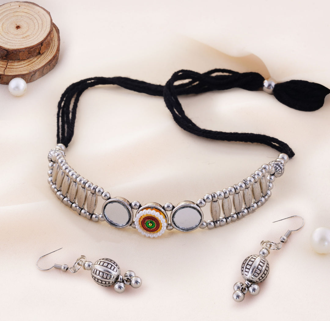Mirror Inset Rosette Choker With Thread Closure Ball Earrings