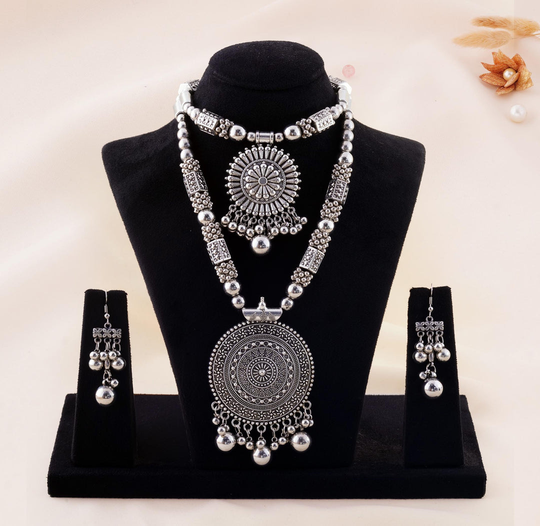 Antique Layered Beaded Medallion Pendant Necklace Set With Earrings