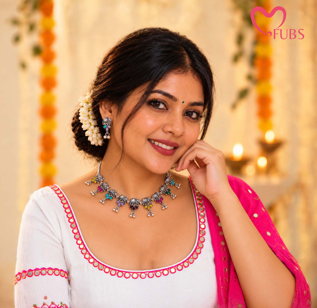 Multicolor Elephant Motif Choker Necklace Set Alongside Stud Earrings