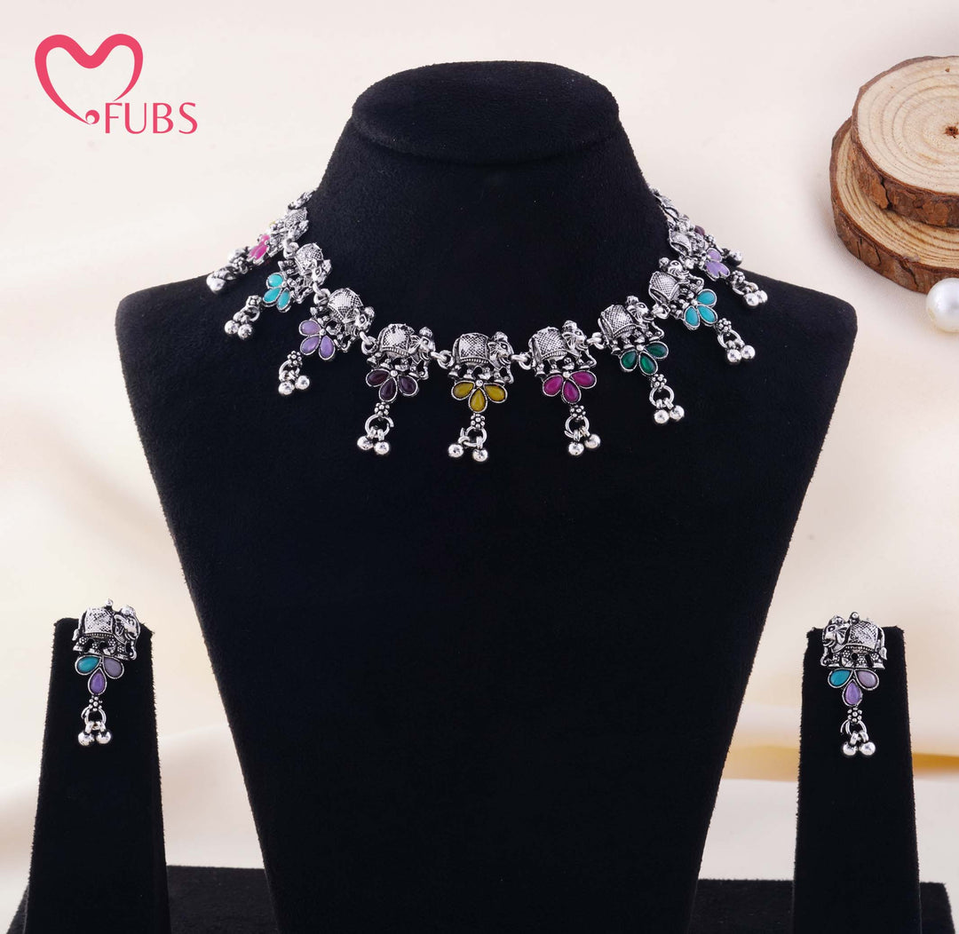Multicolor Elephant Motif Choker Necklace Set Alongside Stud Earrings