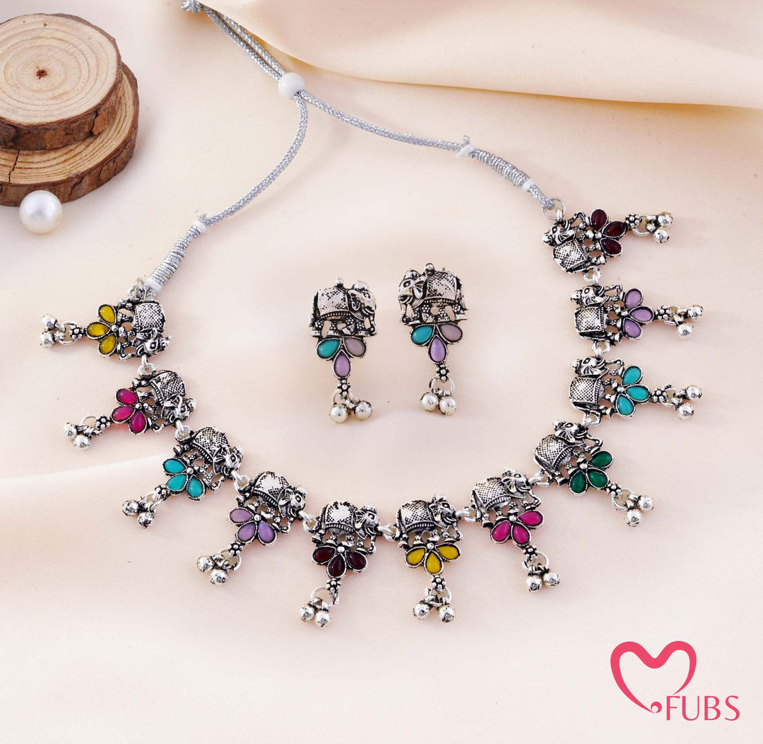 Multicolor Elephant Motif Choker Necklace Set Alongside Stud Earrings