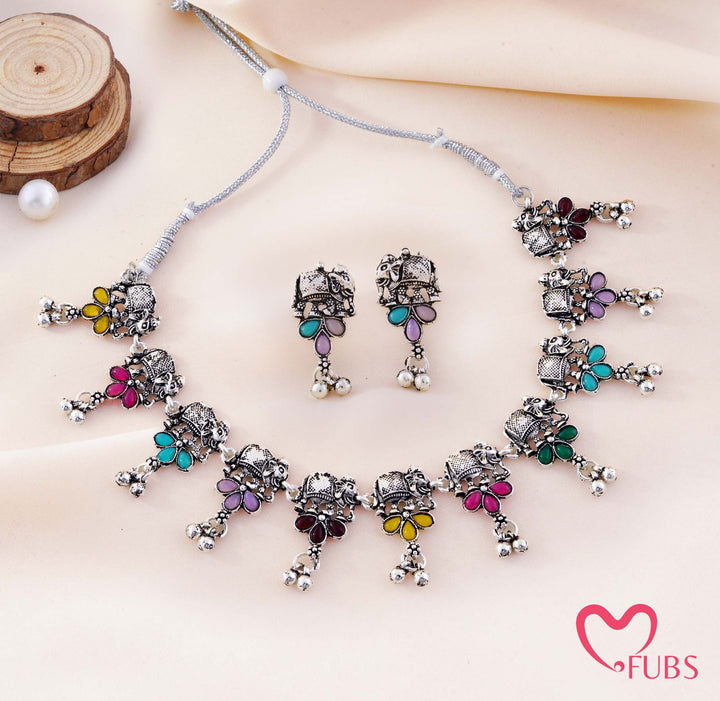 Multicolor Elephant Motif Choker Necklace Set Alongside Stud Earrings