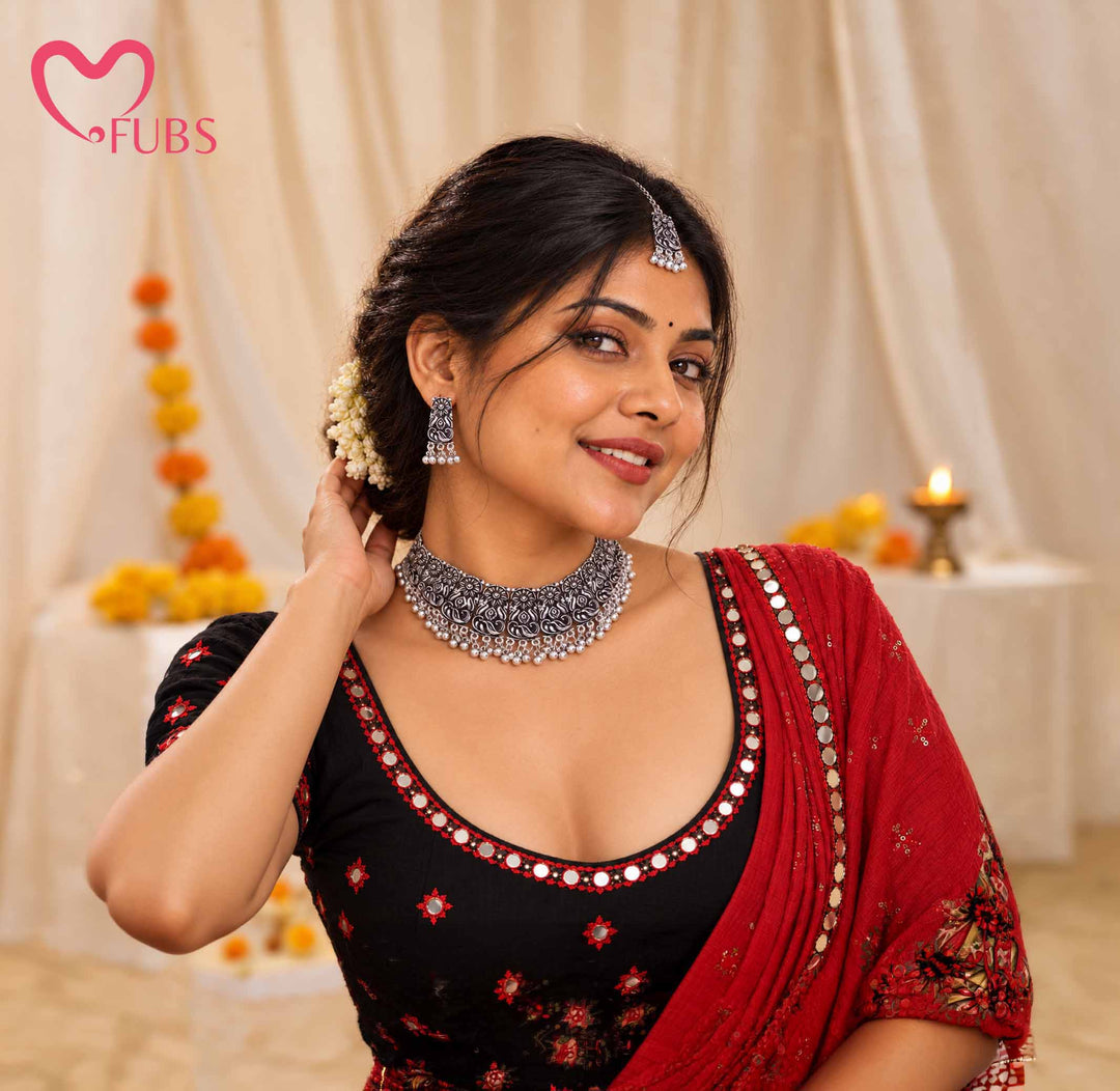 Oxidized Carved Floral Choker Necklace Set With Maangtikka
