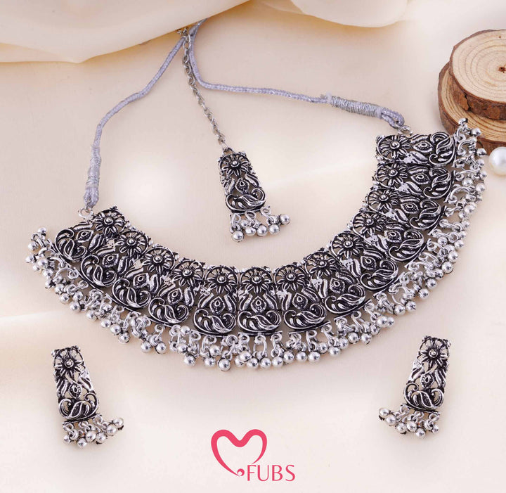 Oxidized Carved Floral Choker Necklace Set With Maangtikka
