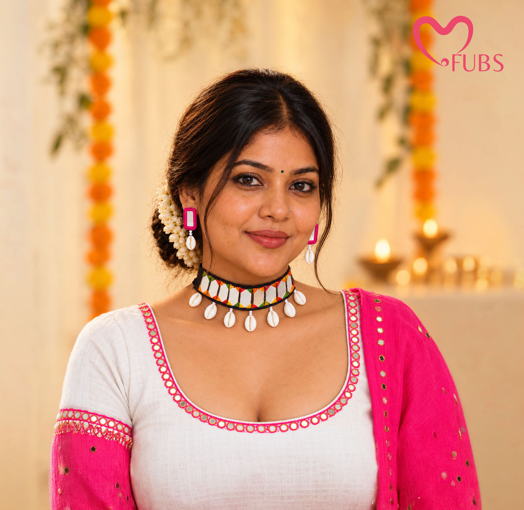 Hexagon Mirror Embroidered Choker With Cowrie Shell Drop Earrings