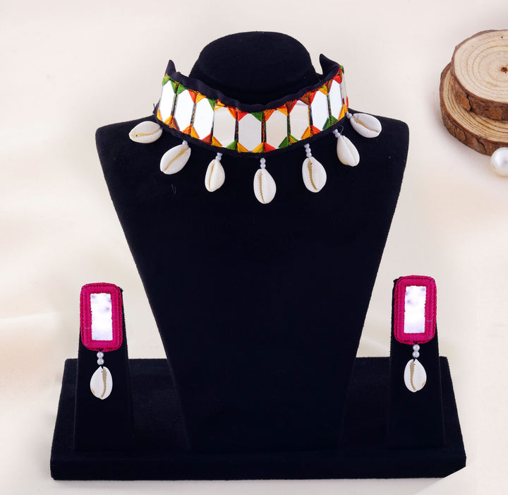 Hexagon Mirror Embroidered Choker With Cowrie Shell Drop Earrings