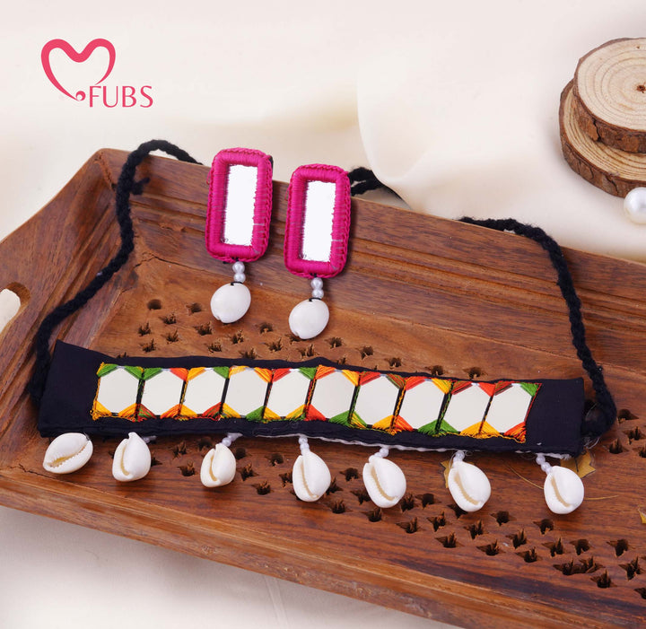 Hexagon Mirror Embroidered Choker With Cowrie Shell Drop Earrings