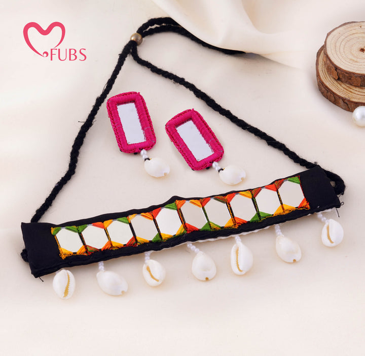 Hexagon Mirror Embroidered Choker With Cowrie Shell Drop Earrings