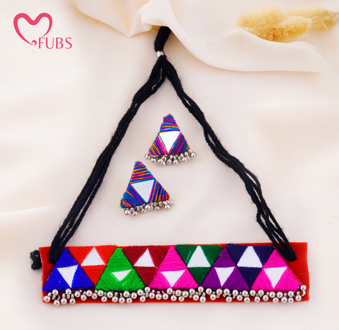 Thread Wrapped Triangle Mirror Choker With Beaded Fringe Earrings