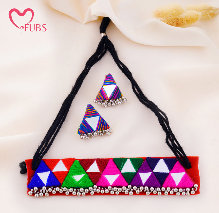 Thread Wrapped Triangle Mirror Choker With Beaded Fringe Earrings